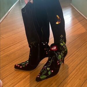 Embroidered Black Boots with Floral Design